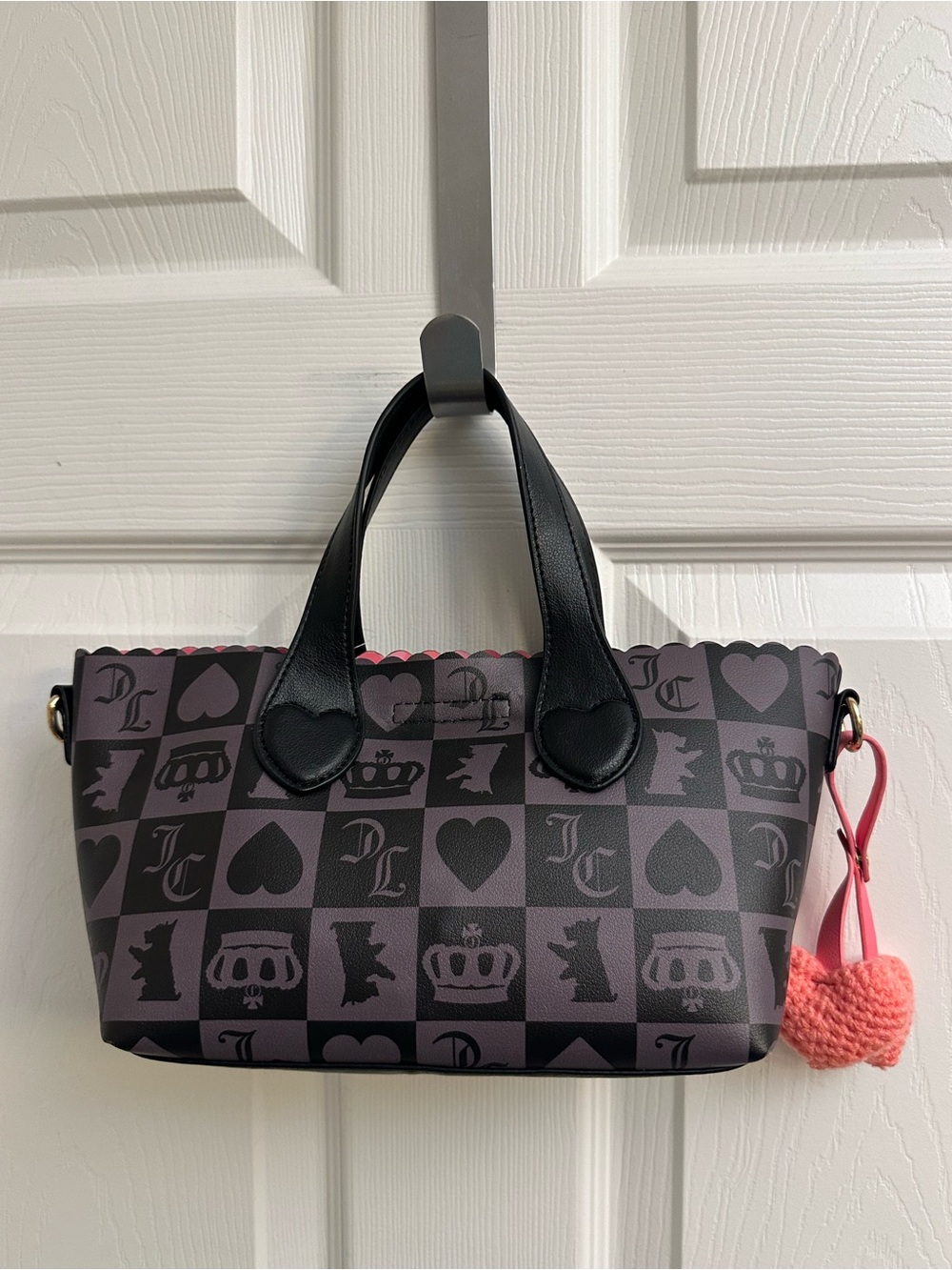Juicy Couture Black and Charcoal Checker Satchel with Pink Heart Charm
